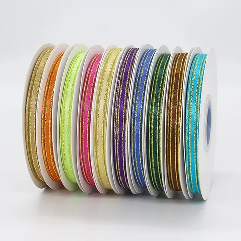 Elegant Nylon Satin Ribbon With Gold Edge Striped Pattern For Gift Wrapping DIY Handmade Crafts Flower Bouquet Decoration