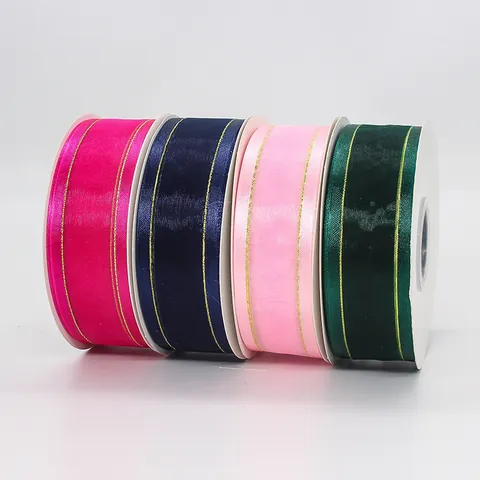 Nylon Organza Ribbon Gold Edge Sheer Mesh Decorative Fabric Ribbons For Gift Wrapping Flower DIY Wedding Party Decor