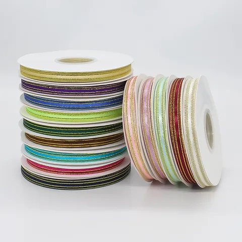 Elegant Nylon Satin Ribbon With Gold Edge Striped Pattern For Gift Wrapping DIY Handmade Crafts Flower Bouquet Decoration