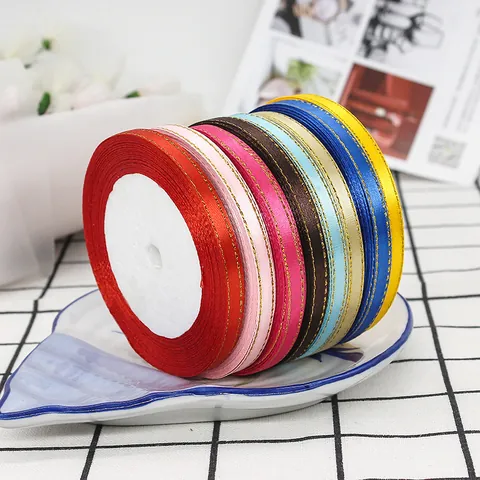 Satin Ribbon With Gold Edge Polyester Ribbon For Gift Wrapping Wedding Decor DIY Crafts Party Supplies Decorative Ribbon