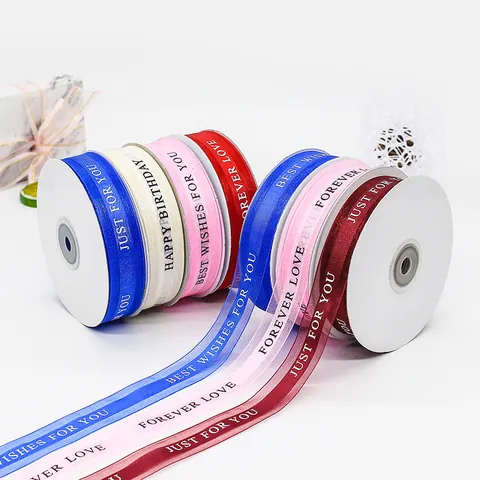 Polyester Organza Ribbon With Letter Print Happy Birthday Just For You For Gift Wrapping Cake Baking Party Decoration