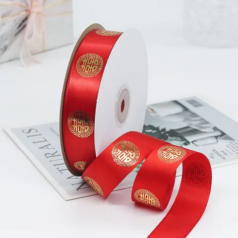 Rood Satijnen Lint Goud Bronzen Dubbel Geluk Patroon Voor Bruiloft Feest Cadeauverpakking Polyester Decoratieve Lint Feestelijke Decor