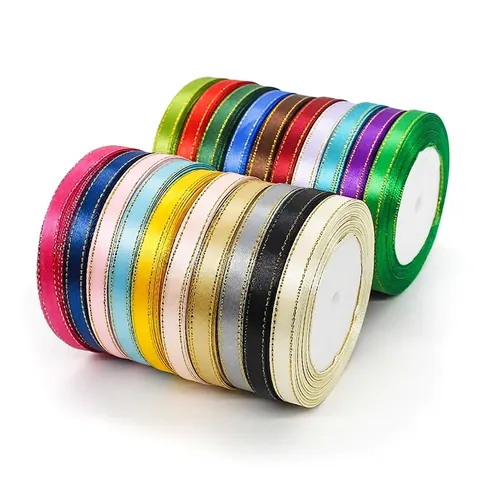 Cinta de Satén de Poliéster con Borde Dorado Estrecho Rollo Largo Cintas con Brillo Metálico para Envolver Regalos Boda Fiesta Decoración DIY