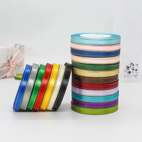 Narrow Gold Edge Polyester Satin Ribbon Long Roll Metallic Glitter Ribbons For Gift Wrapping Wedding Party DIY Craft Decoration