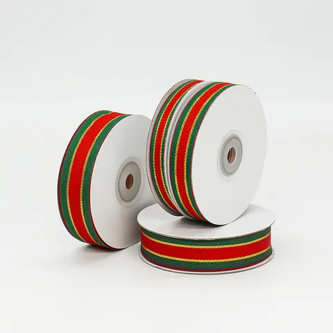Christmas Striped Ribbon With Gold Edge Red Green Polyester Webbing For Gift Wrapping Cake Baking DIY Decoration Roll