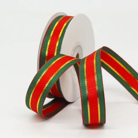 Christmas Striped Ribbon With Gold Edge Red Green Polyester Webbing For Gift Wrapping Cake Baking DIY Decoration Roll