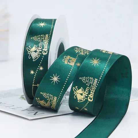 Christmas Gold Stamping Polyester Satin Ribbons Snowflake Reindeer Christmas Tree Pattern For Gift Wrapping DIY Craft Holiday Party Decoration