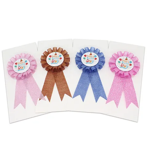 Happy Birthday Award Ribbon Rosette Badge With Glitter Pleated Polyester Ribbon And Tinplate Badge For Party Decoration