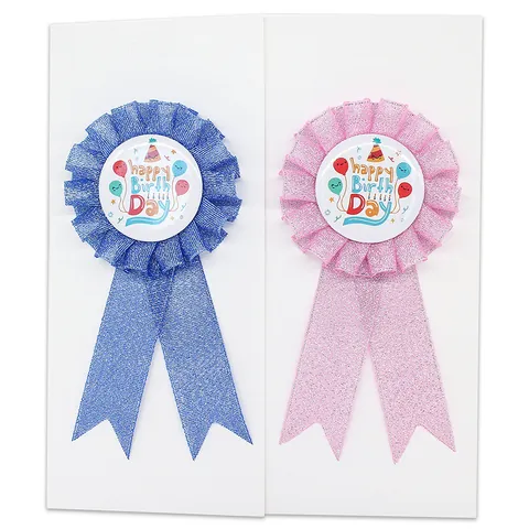 Happy Birthday Award Ribbon Rosette Badge With Glitter Pleated Polyester Ribbon And Tinplate Badge For Party Decoration