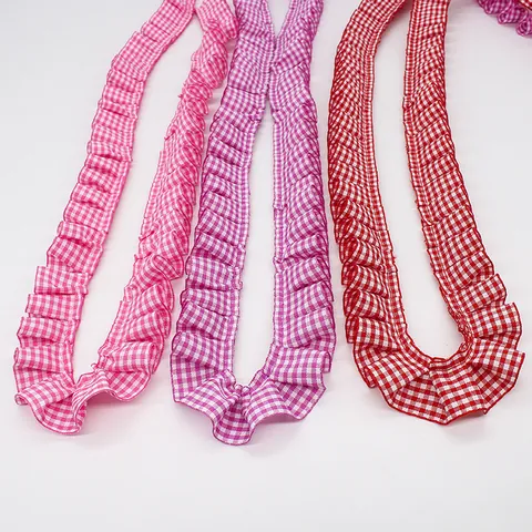 Gingham Ruffled Ribbon Trim Polyester Plaid Pleated Lace Edge For DIY Garment Sewing Craft Home Decoration Wedding Party Decor