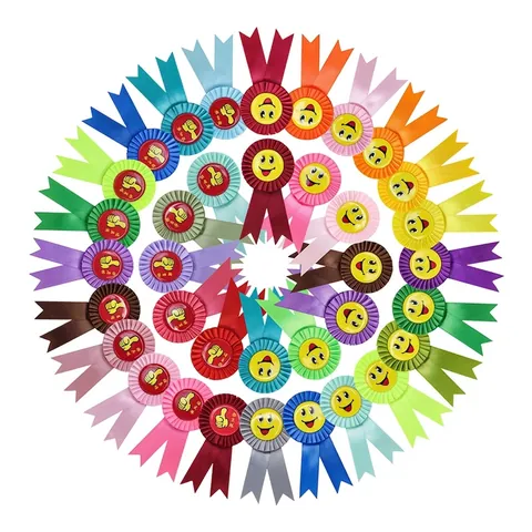 Colorful Satin Rosette Ribbon Award Medal Badges With Smile Face Thumbs Up Pattern For School Party Kids Student Decoration