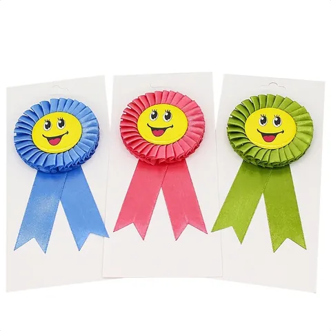 Colorful Satin Rosette Ribbon Award Medal Badges With Smile Face Thumbs Up Pattern For School Party Kids Student Decoration