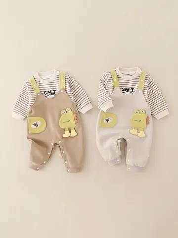 Baby Boys Cotton Casual Long Sleeve Striped Top And Cartoon Suspender Pants Outfit Spring Autumn Clothes For Infants Kids