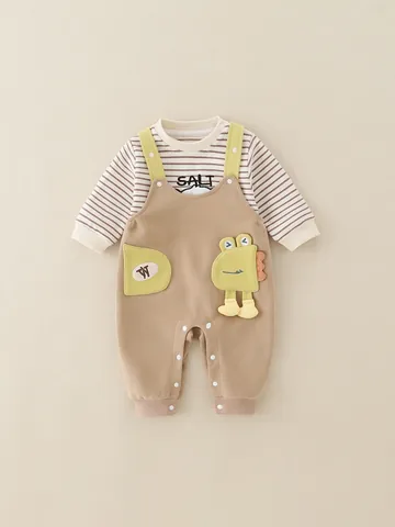 Baby Boys Cotton Casual Long Sleeve Striped Top And Cartoon Suspender Pants Outfit Spring Autumn Clothes For Infants Kids