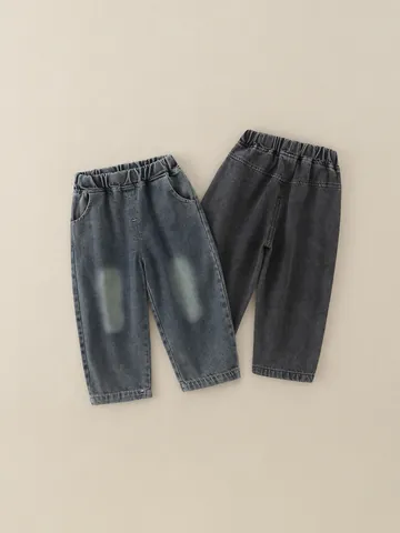 Pantalones Vaqueros Casuales para Niños Cintura Elástica Lavados Rectos para Primavera Otoño Mezcla de Algodón Largos