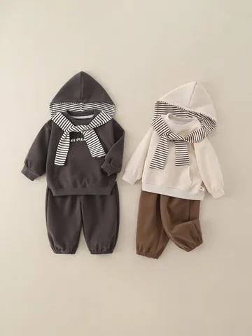Children Striped Hooded Sweatshirt And Jogger Pants Outfit Casual Korean Cotton Top And Bottom For Boys And Girls Trendy Scarf Decor