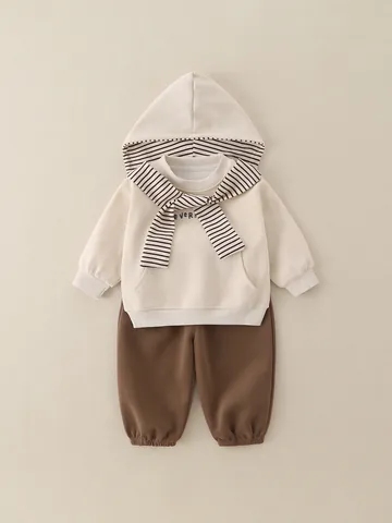 Children Striped Hooded Sweatshirt And Jogger Pants Outfit Casual Korean Cotton Top And Bottom For Boys And Girls Trendy Scarf Decor