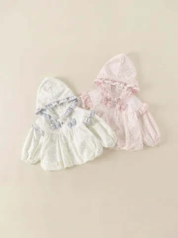 Girls Hooded Jacket Floral Print Heart Pattern Zip Up Coat With Lace Trim And Bow Cute Spring Outerwear For Toddler Kids