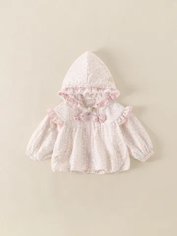 Girls Hooded Jacket Floral Print Heart Pattern Zip Up Coat With Lace Trim And Bow Cute Spring Outerwear For Toddler Kids