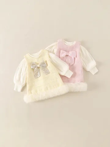 Mädchen Prinzessin Tweed Trägerrock Set Mit Langarm Oberteil Schleife Pailletten Kinder Elegantes Kleid Set Für Party Geburtstag