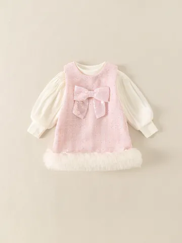 Mädchen Prinzessin Tweed Trägerrock Set Mit Langarm Oberteil Schleife Pailletten Kinder Elegantes Kleid Set Für Party Geburtstag