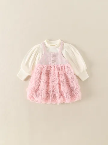 Girls Sweet Pink Outfit Ribbed Long Sleeve Top And 3D Rose Floral Mesh Pinafore Dress Elegant Toddler Princess Clothing