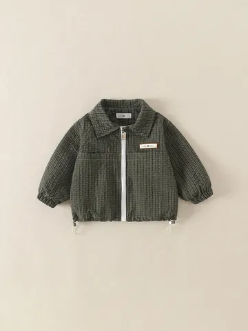 Boys Polyester Plaid Jacket Spring Autumn Long Sleeve Turn Down Collar Zip Up Outerwear With Letter Print Drawstring Hem Toddler Kids Fashion Coat
