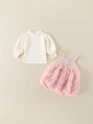 Girls Sweet Pink Outfit Ribbed Long Sleeve Top And 3D Rose Floral Mesh Pinafore Dress Elegant Toddler Princess Clothing
