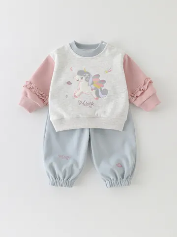 Baby Mädchen Baumwollmischung Kleidung Set Cartoon Einhorn Stickerei Rüschen Sweatshirt Und Lange Hose Frühling Herbst Outfit