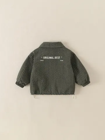 Boys Polyester Plaid Jacket Spring Autumn Long Sleeve Turn Down Collar Zip Up Outerwear With Letter Print Drawstring Hem Toddler Kids Fashion Coat