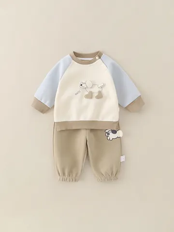 Ensemble Décontracté pour Petits Garçons en Coton avec Sweatshirt et Pantalon Patchwork Chiot pour Printemps Automne