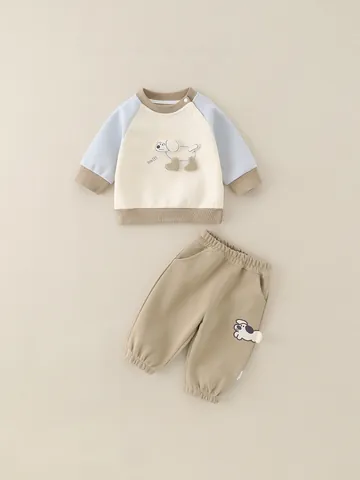 Ensemble Décontracté pour Petits Garçons en Coton avec Sweatshirt et Pantalon Patchwork Chiot pour Printemps Automne