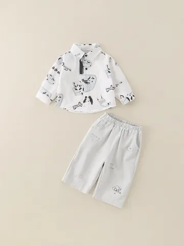 Toddler Boys Cotton Cartoon Dog Print Set Long Sleeve Shirt And Pants Casual Spring Autumn Clothing Soft Baby Boy Outfit