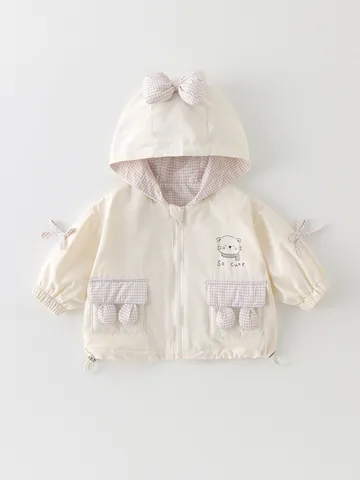 Giacca a Vento con Cappuccio Dolce per Neonata Beige Rosa Patchwork a Quadri con Fiocco e Ricamo a Gatto per Bambini