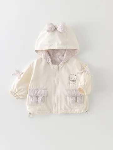 Giacca a Vento con Cappuccio Dolce per Neonata Beige Rosa Patchwork a Quadri con Fiocco e Ricamo a Gatto per Bambini