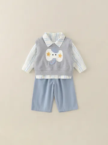 Completo Abbigliamento Bimbo in Cotone Camicia a Righe Gilet Grigio con Ricamo Elefante Pantaloni con Elastico in Vita