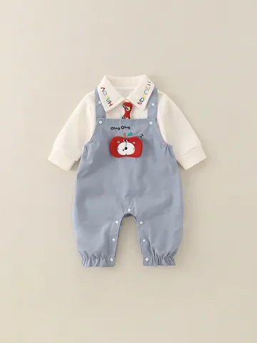 Toddler Boys Cartoon Apple Bib Pants And Long Sleeve Shirt Outfit Soft Breathable Cotton Infant Clothing Spring Casual Fashion Wear
