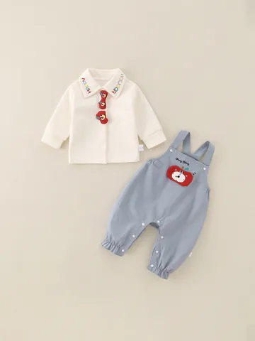 Toddler Boys Cartoon Apple Bib Pants And Long Sleeve Shirt Outfit Soft Breathable Cotton Infant Clothing Spring Casual Fashion Wear