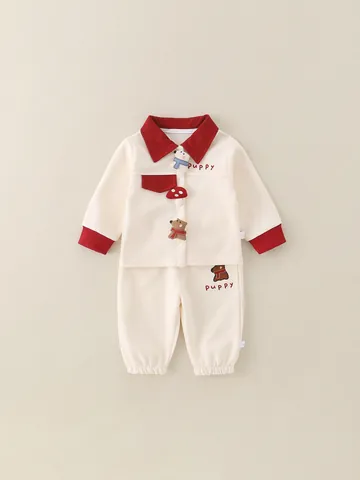 Set Abbigliamento Neonato in Cotone Manica Lunga con Top a Revers a Contrasto e Pantaloni con Toppa a Cucciolo di Cartone Animato per Bambini e Bambine