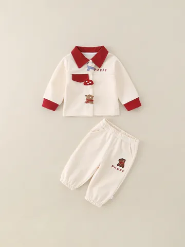 Set Abbigliamento Neonato in Cotone Manica Lunga con Top a Revers a Contrasto e Pantaloni con Toppa a Cucciolo di Cartone Animato per Bambini e Bambine
