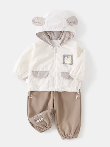 Jungen Cartoon Bär Kapuzenjacke Und Hose Outfit Set Frühling Herbst Süße Off-White Winddichte Kleidung Kleinkind Casual Oberbekleidung