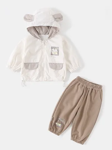 Jungen Cartoon Bär Kapuzenjacke Und Hose Outfit Set Frühling Herbst Süße Off-White Winddichte Kleidung Kleinkind Casual Oberbekleidung