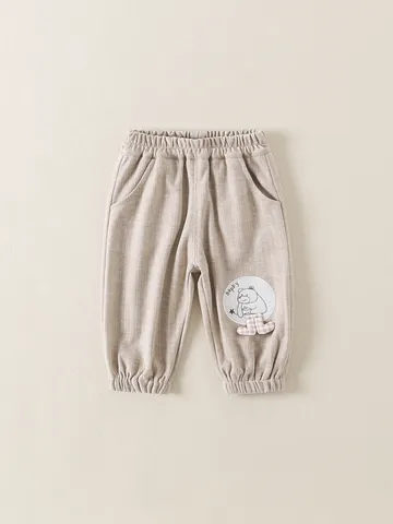 Baby Toddler Casual Rayon Pants Elastic Waist Ribbed Cuffs Cartoon Bear Patch Spring Autumn Kids Soft Trousers