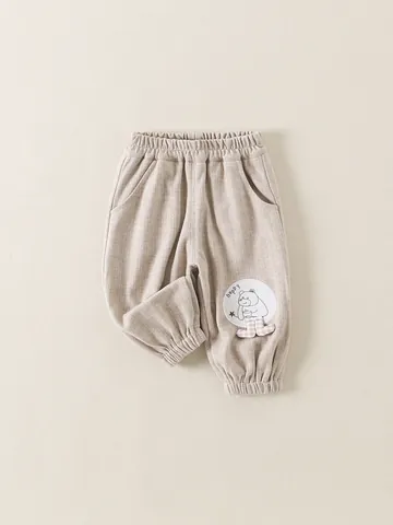 Baby Toddler Casual Rayon Pants Elastic Waist Ribbed Cuffs Cartoon Bear Patch Spring Autumn Kids Soft Trousers