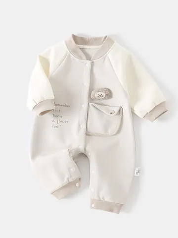 Baby Boy Long Sleeve Romper Cotton Blend Lion Patch Letter Print Newborn Jumpsuit Snap Button Spring Autumn Baby Clothes