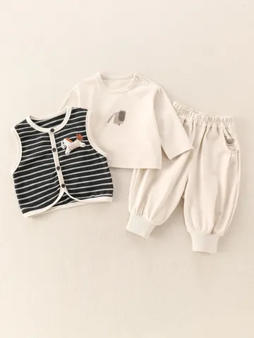 Baby Boys Long Sleeve Cotton Shirt Striped Vest And Pants Outfits For Spring Autumn Toddler Korean Style Clothing