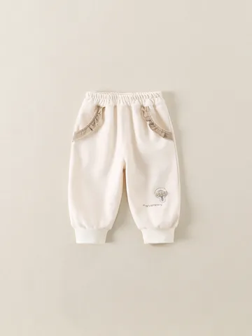 Kleinkind Mädchen Lässige Baumwollhose Mit Pilz Stickerei Rüschentasche Koreanischen Stil Weiche Hose Off White