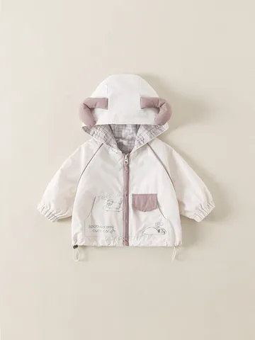Baby Kinder Windjacke Mit Kapuze Cartoon Hund Print Tierohren Kapuze Polyester Baumwollfutter Frühling Herbst Oberbekleidung Beige