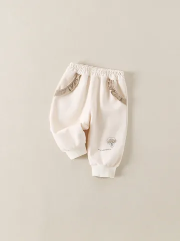 Kleinkind Mädchen Lässige Baumwollhose Mit Pilz Stickerei Rüschentasche Koreanischen Stil Weiche Hose Off White