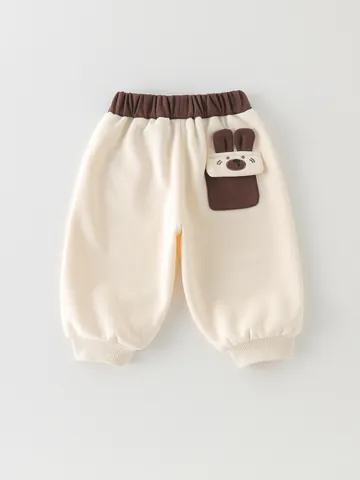 Pantalones de Chándal de Algodón Casual para Niños Cintura Elástica Puños Acanalados Color de Contraste Linda Bolsa de Orejas de Oso Bordado OK Clase A